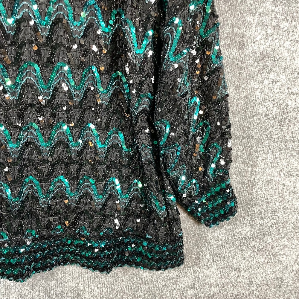Vintage Givenchy Top Womens 18 W Black Teal Sequin Zigzag West Germany 80s Art - Picture 10 of 12